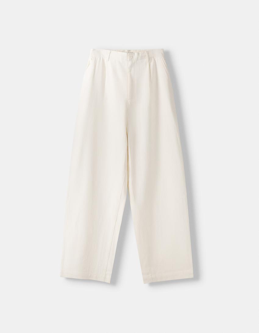 سروال فضفاض محبوك من مزيج قطني-أبيض مطفي-5