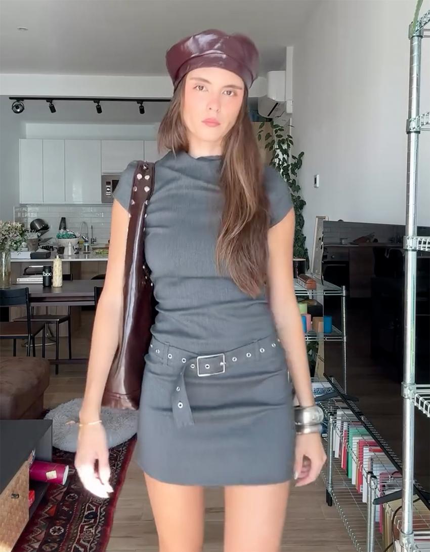 Robe mini ceinture-Gris foncé