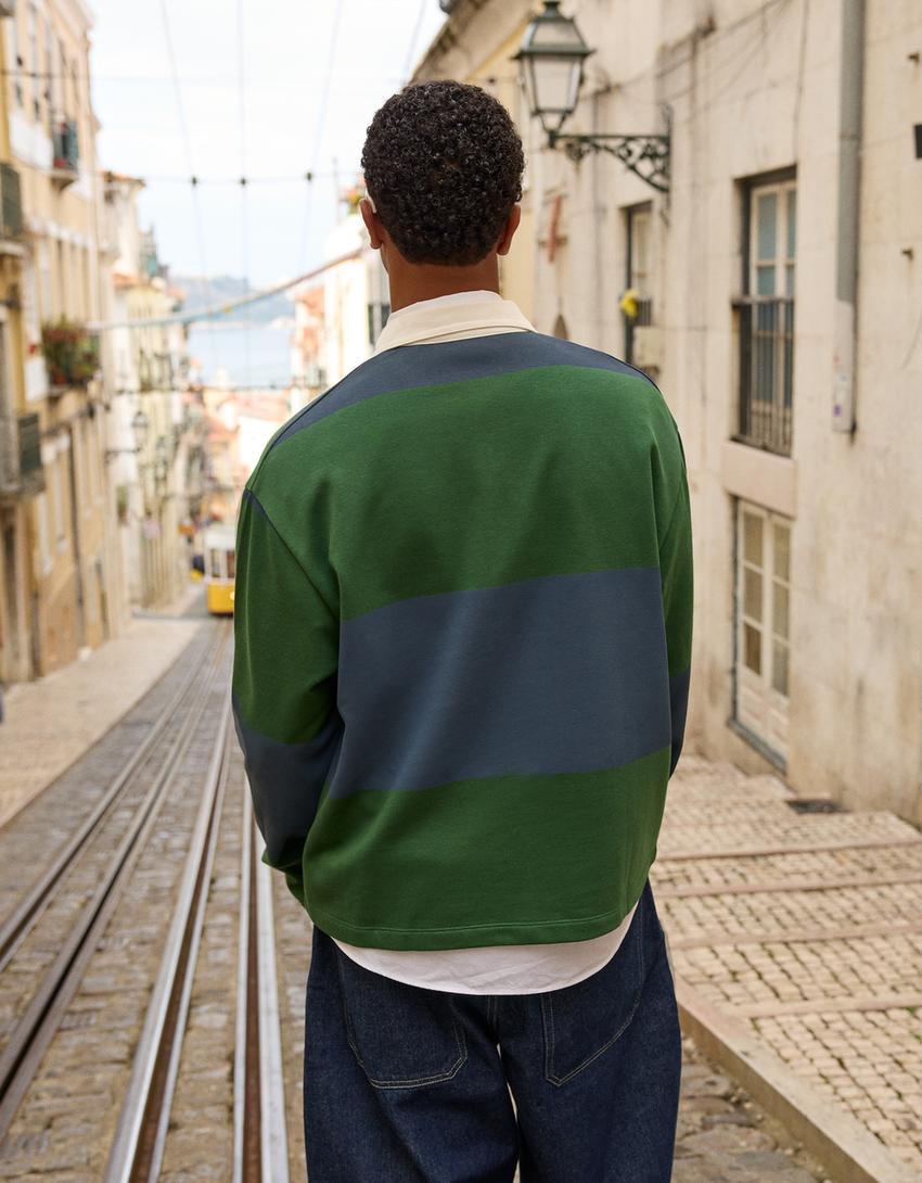 Çizgili boxy fit uzun kollu Polo-Yeşil-1