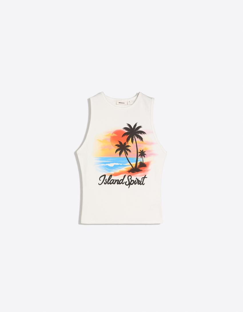 Ärmelloses Print-Shirt-Grbrochenes Weiss