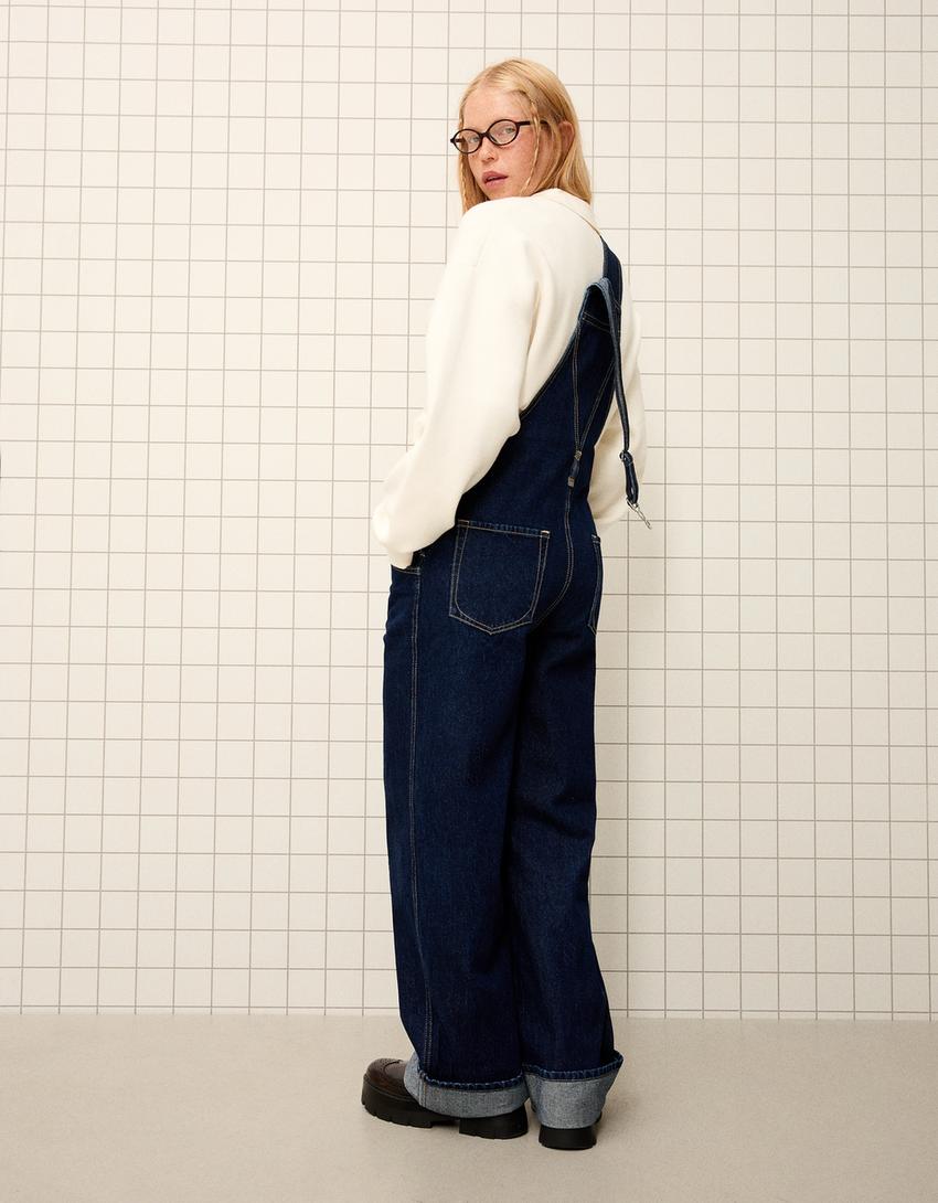 Combinaison en jean à bretelles oversize-Marine-2