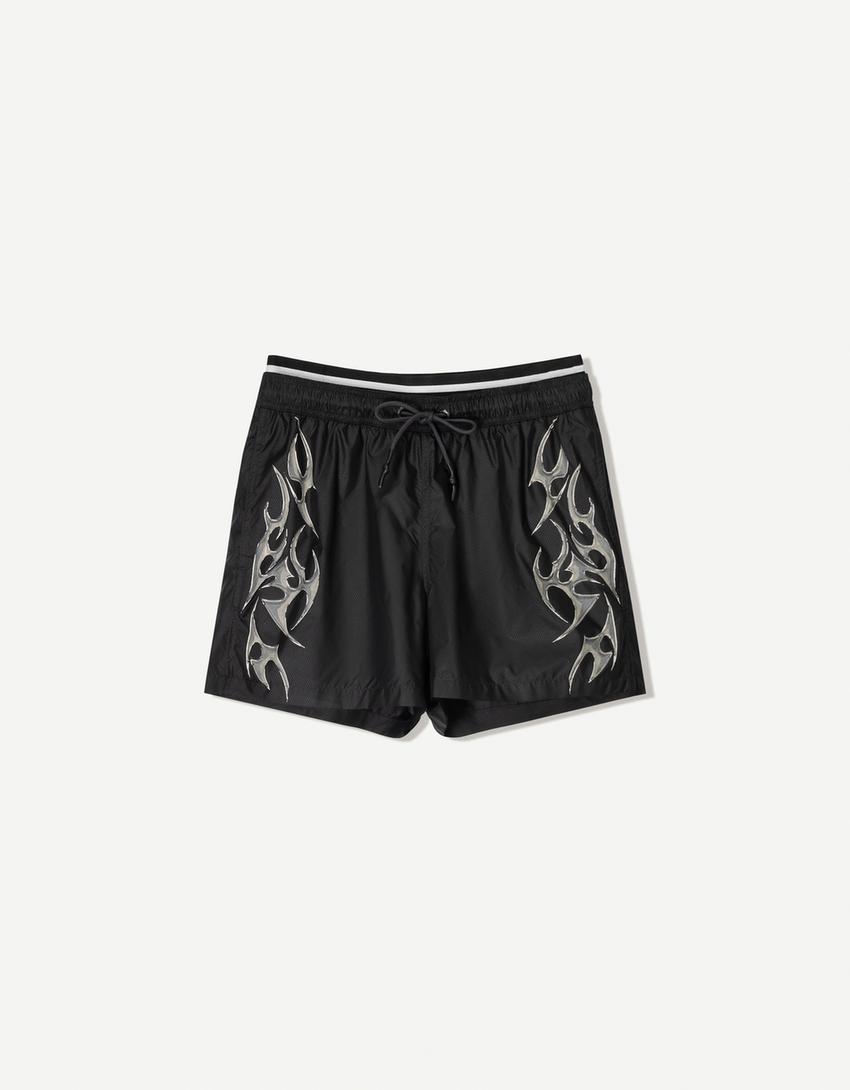 Swimming trunks with double waistband and print-Black
