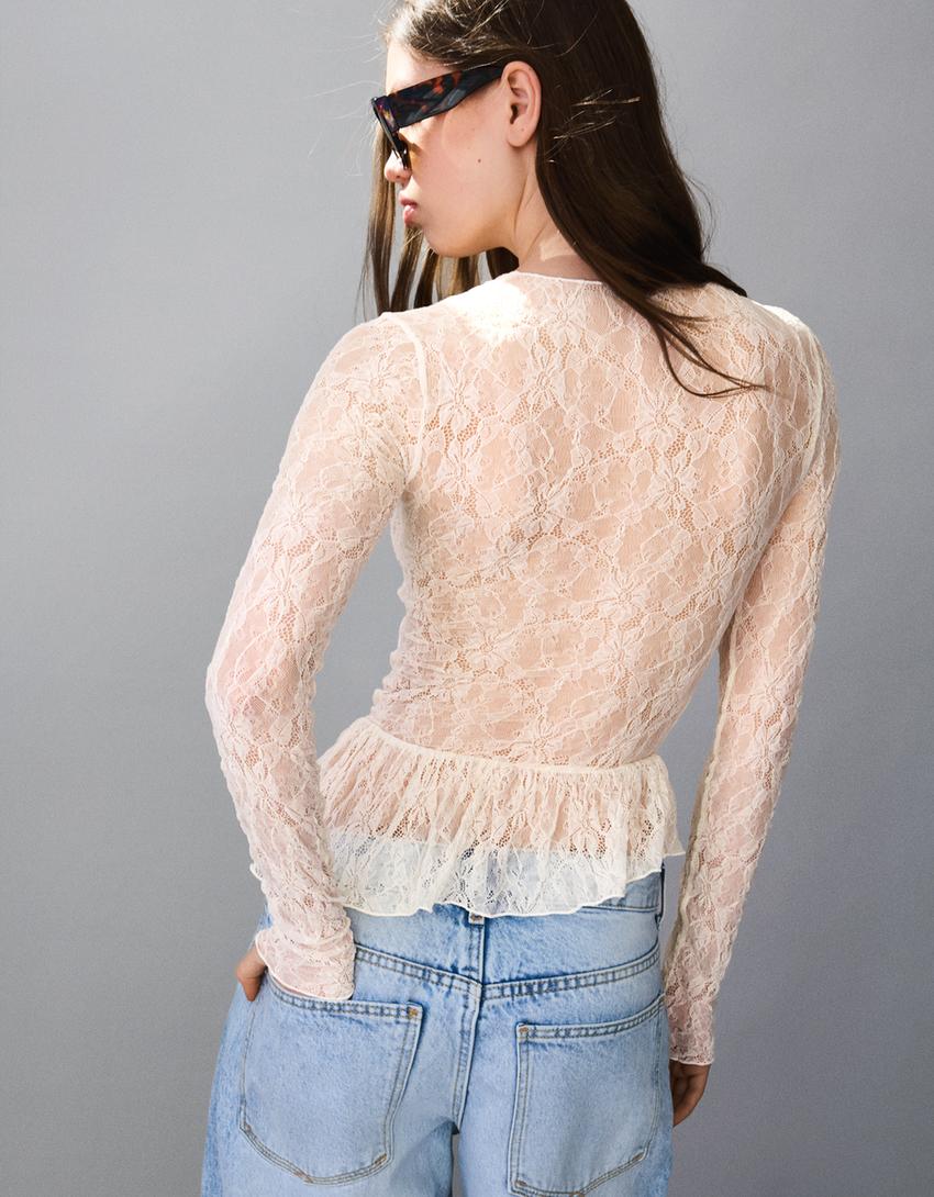 T-shirt à manches longues en dentelle à volants-Écru