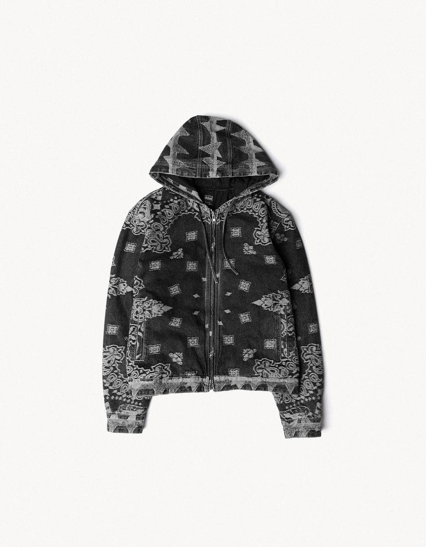 ARIES X Bershka baskılı, kapüşon detaylı ceket-Siyah