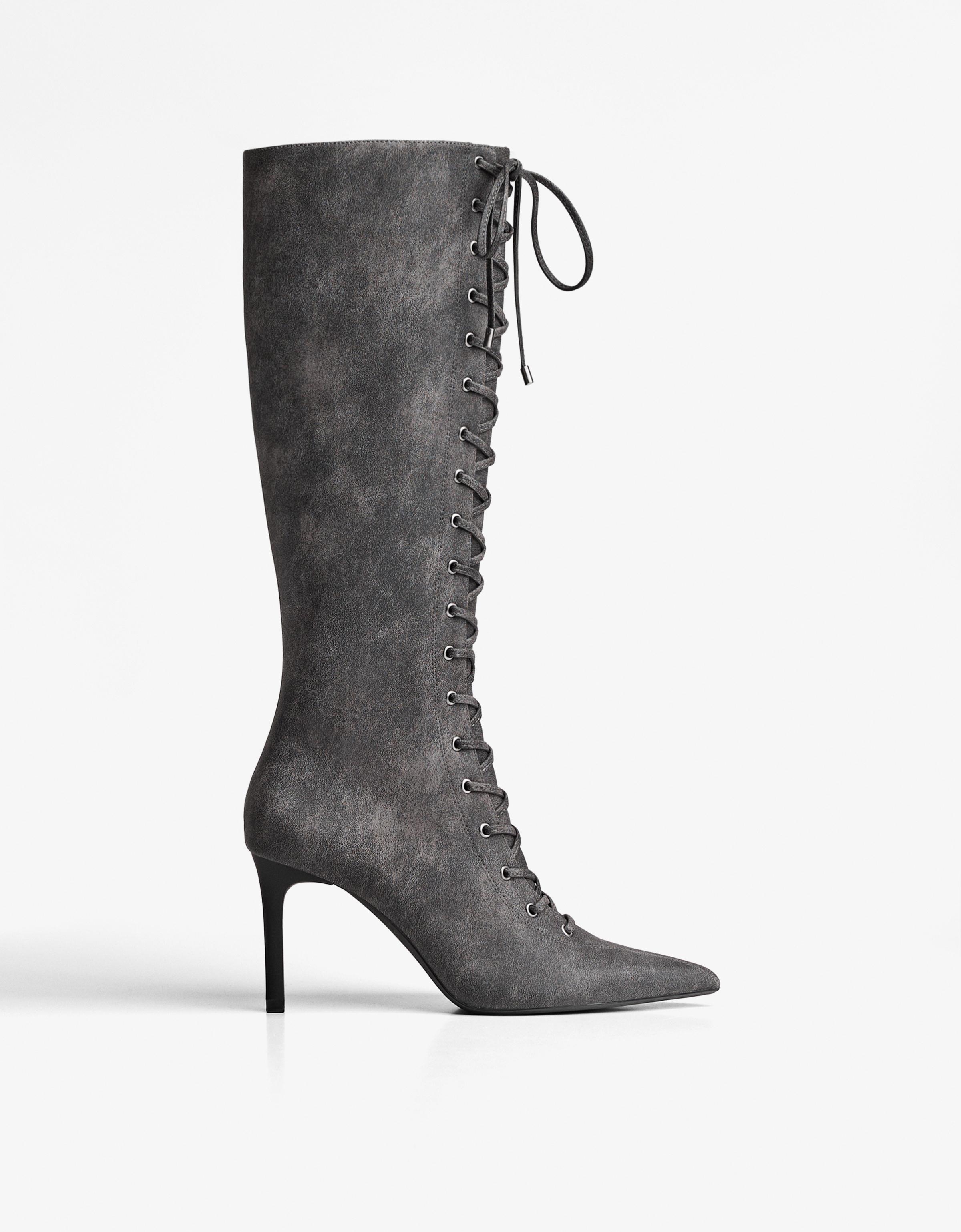 Bershka Geschnürte Stiefel Mit Absatz Damen 39 Grau