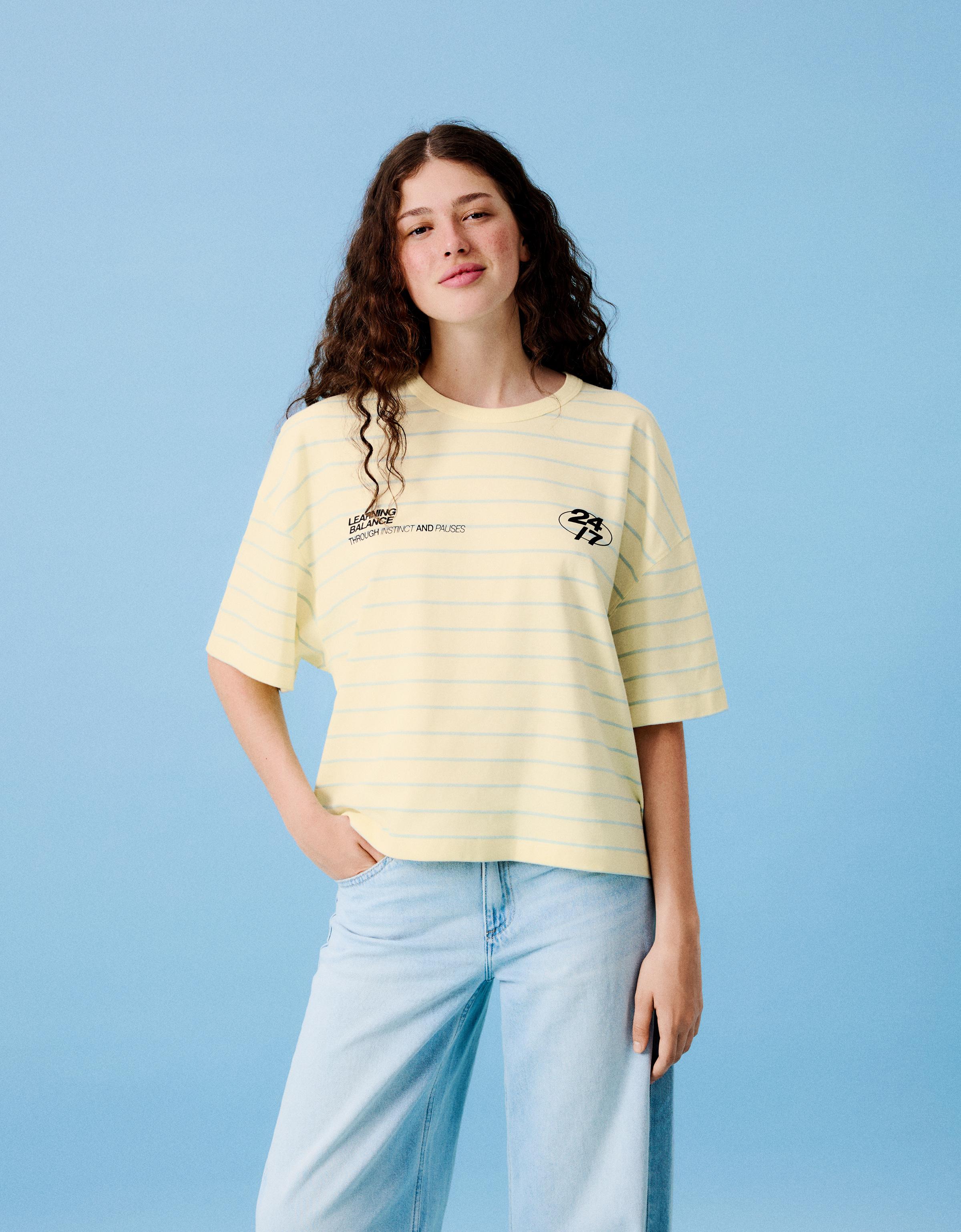 Bershka Camiseta Manga Corta Oversize Print Mujer L Amarillo