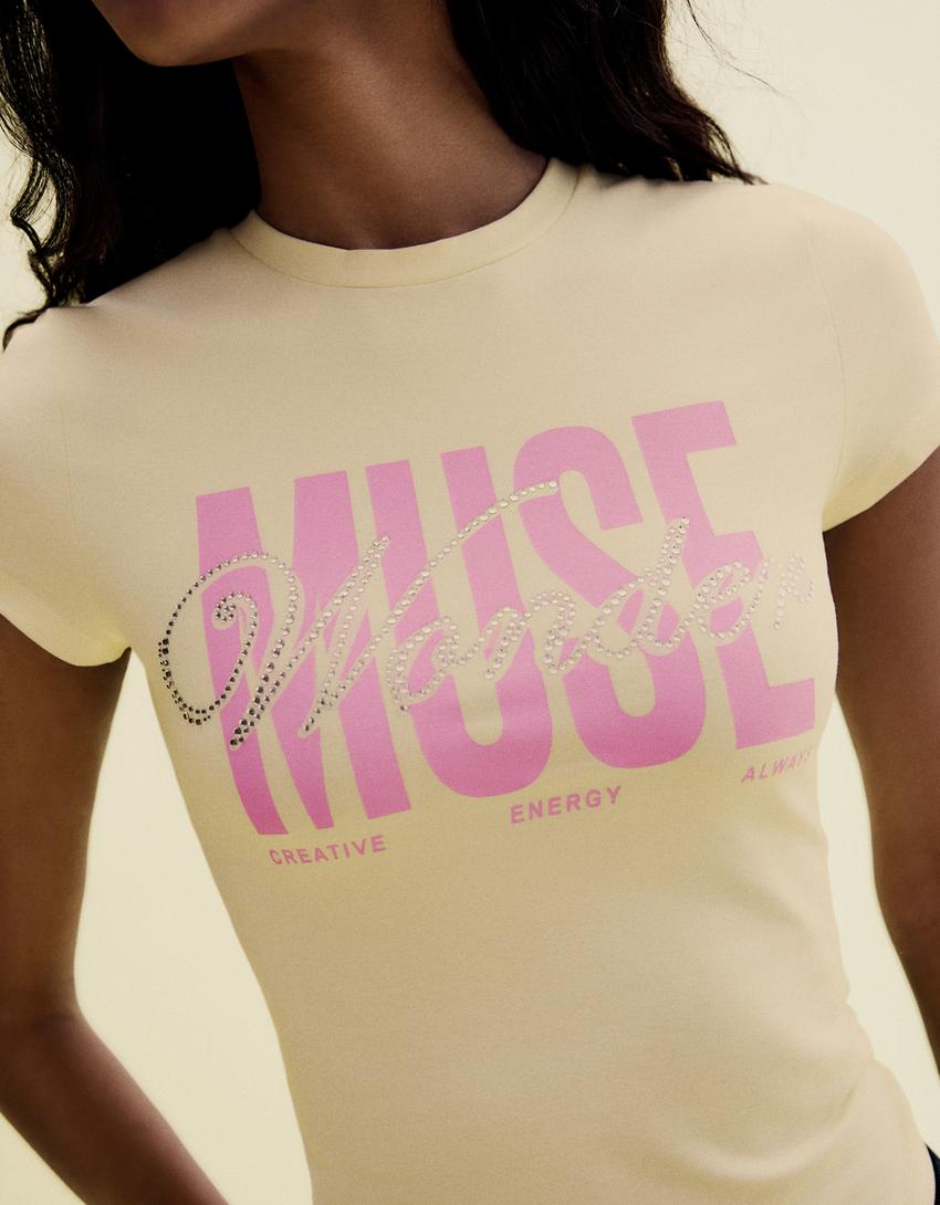 Tricou mânecă scurtă strasuri-Galben