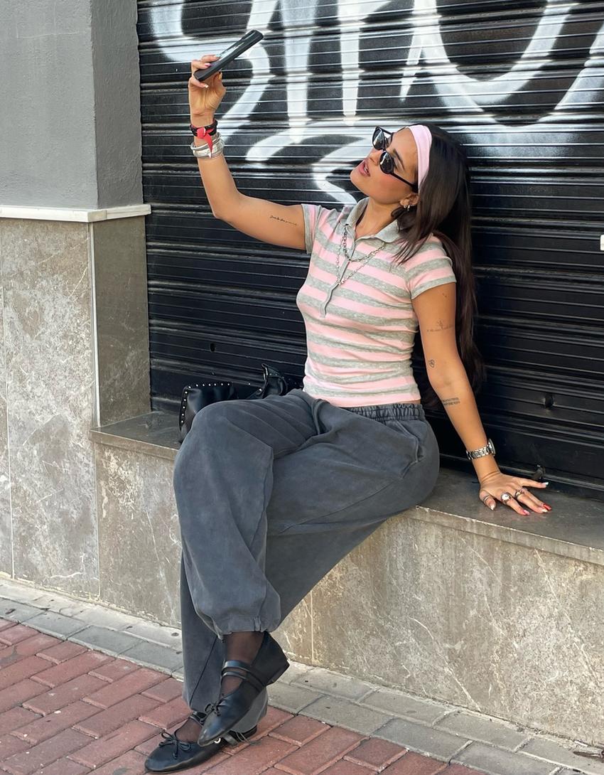 Striped short sleeve polo shirt-Pink