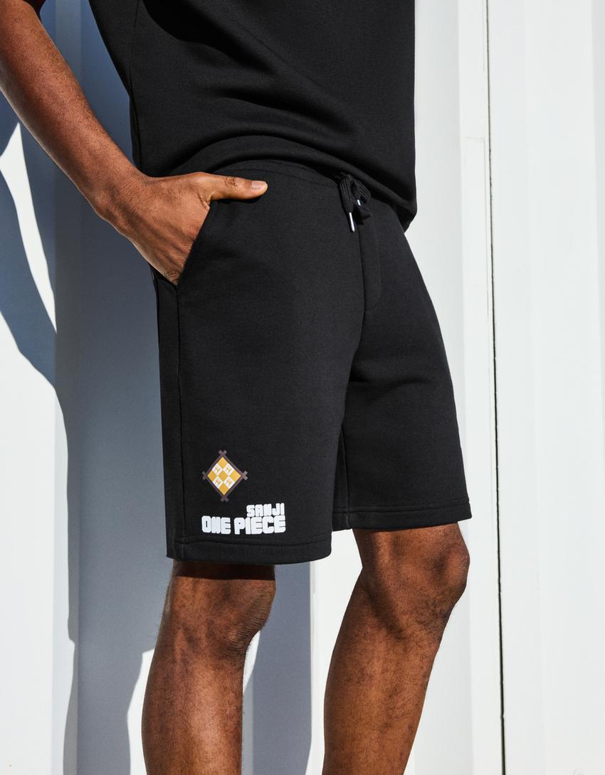 One Piece sweatshirt print Bermuda shorts-Black