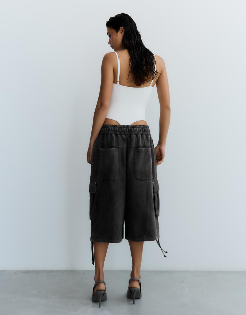 Bermuda short cargo effet délavé-Gris