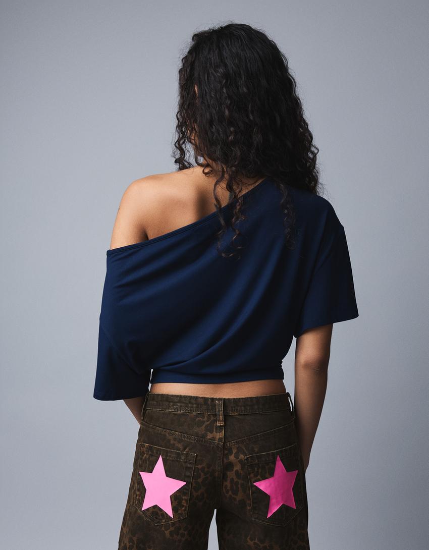 T-shirt asymétrique à manches courtes-Marine