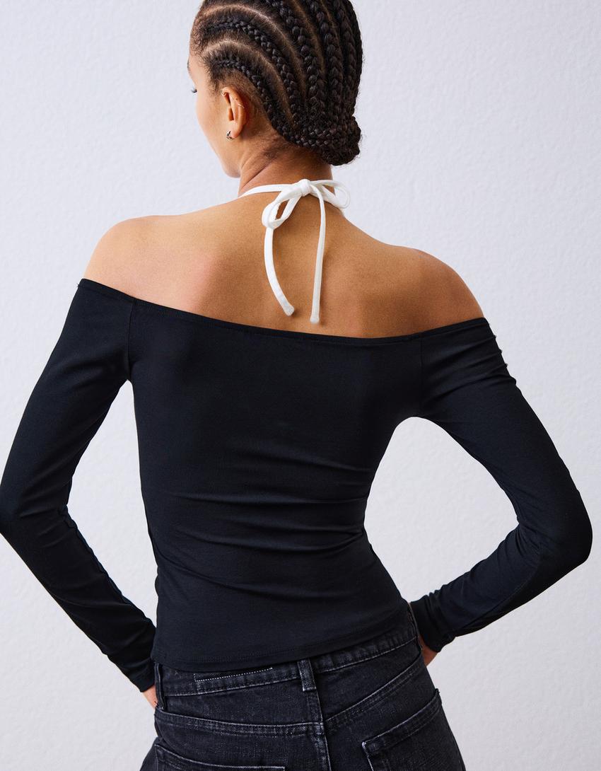 Camiseta manga larga cuello halter-Negro