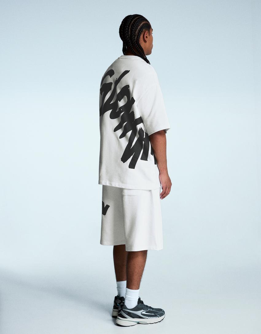 Bermuda felpa print-Blanco