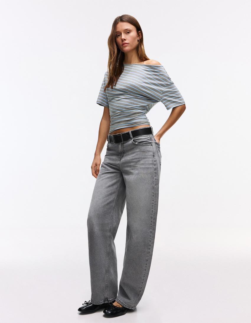 Camiseta de manga curta assimétrica-Azul