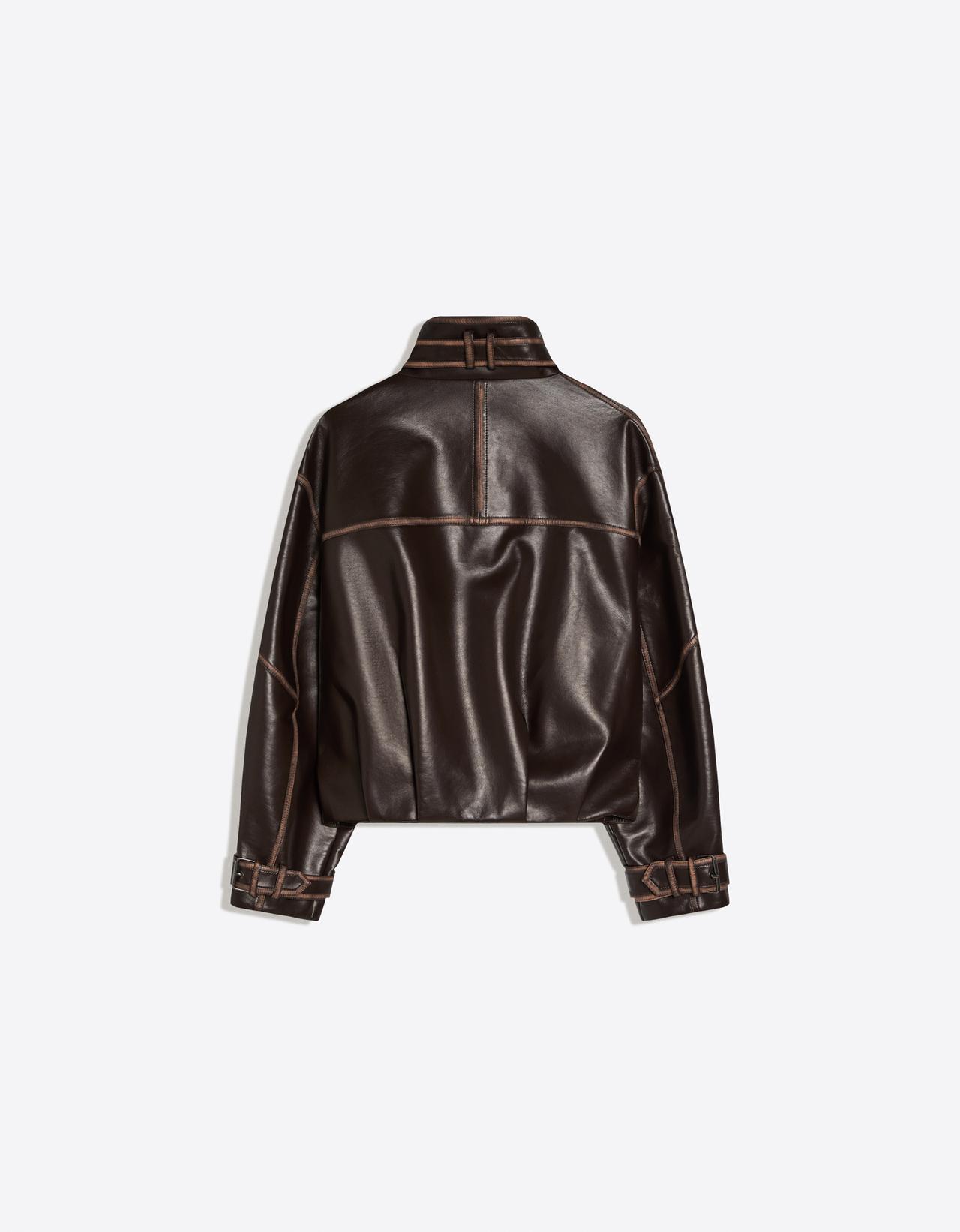 Leather effect funnel neck jacket — Brown