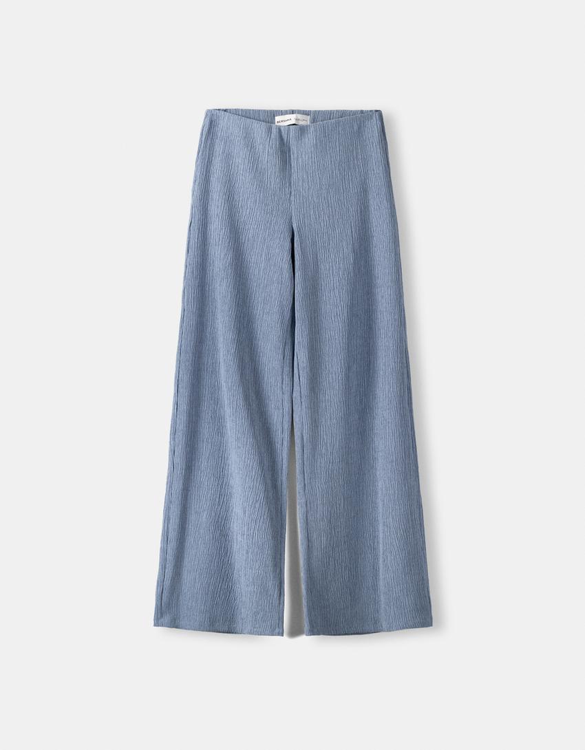 Pantalon wide leg gaufré-Bleu-4