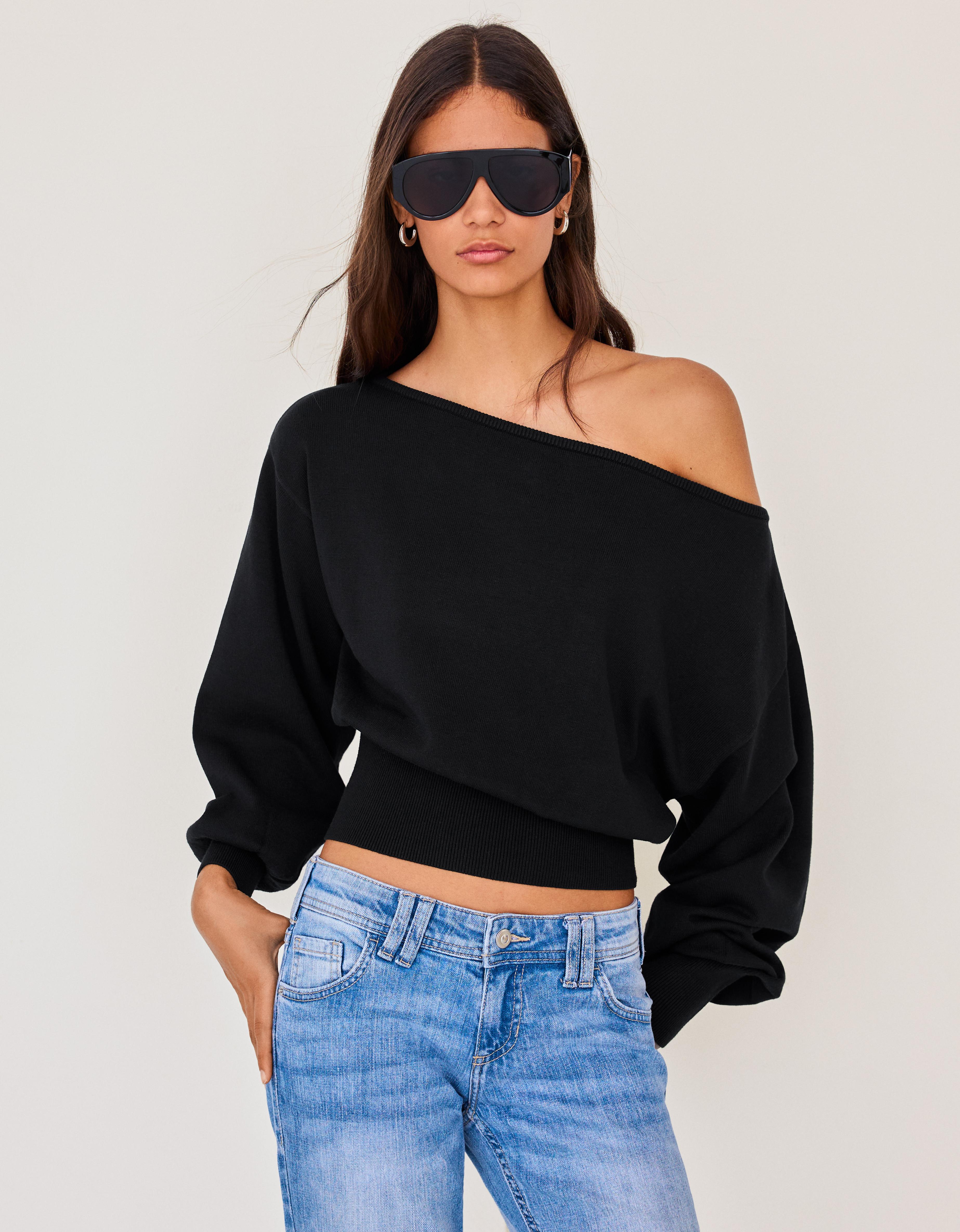 Bershka Jersey Cuello Asimétrico Mujer Negro