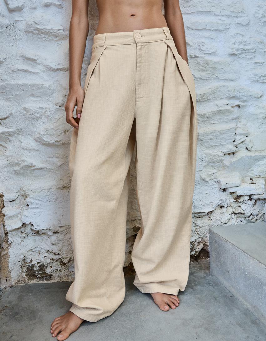 Pantalon barrel fit à plis-Sable