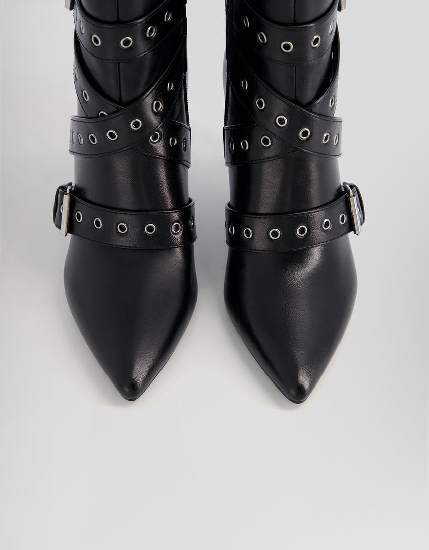 Bottines à talon aiguille avec lanières, clous et boucles-Noir-2