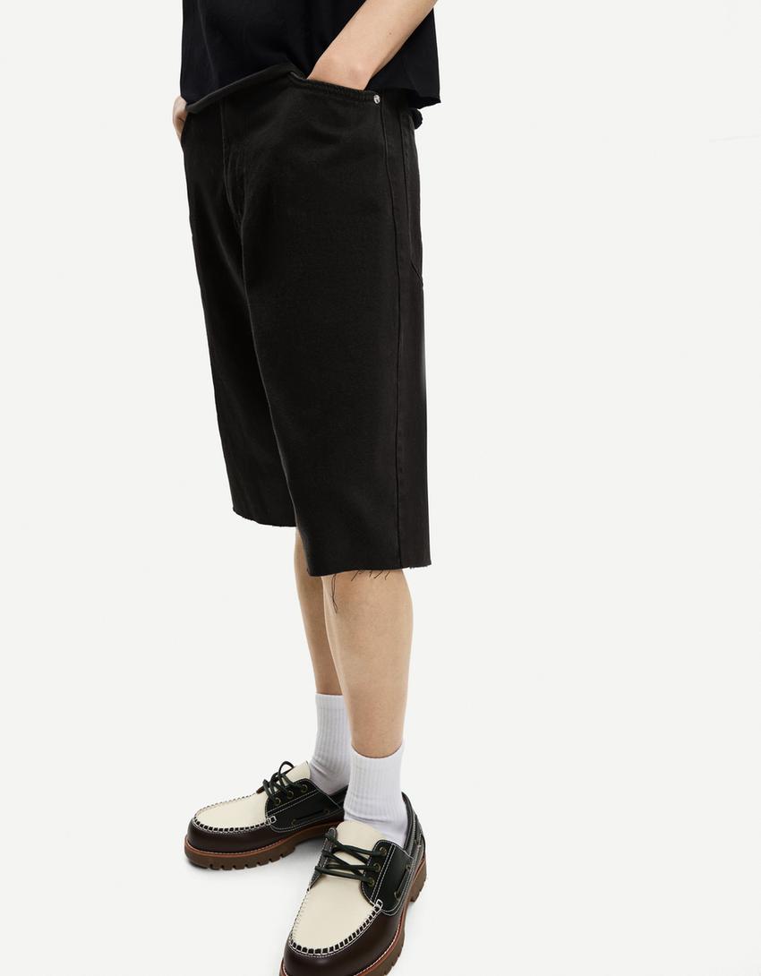 Baggy fit denim bermuda-Siyah-1