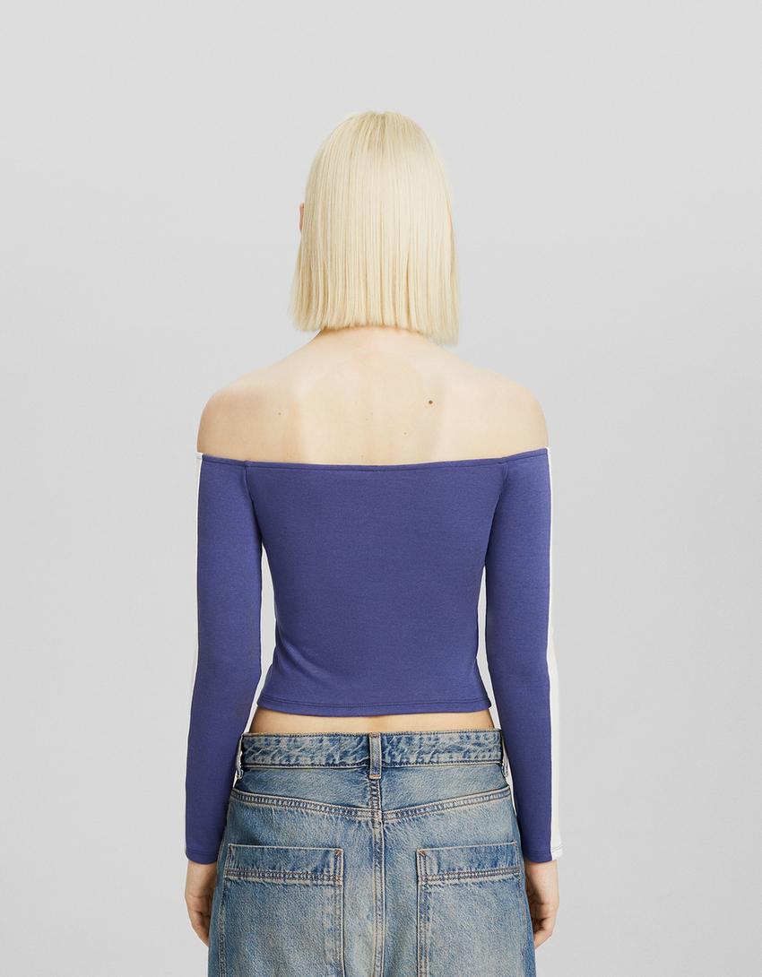 Top Bardot manches longues imprimé-Bleu-1