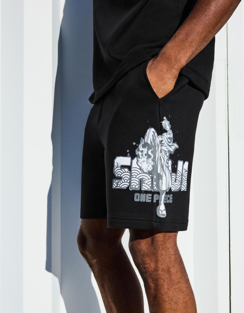 One Piece sweatshirt print Bermuda shorts-Black