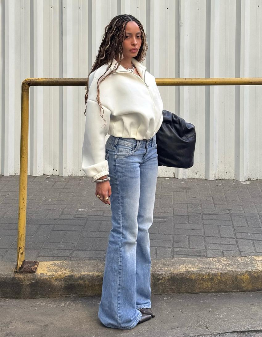 Balon kesim sentetik kauçuk kumaş fermuarlı sweatshirt-Krem