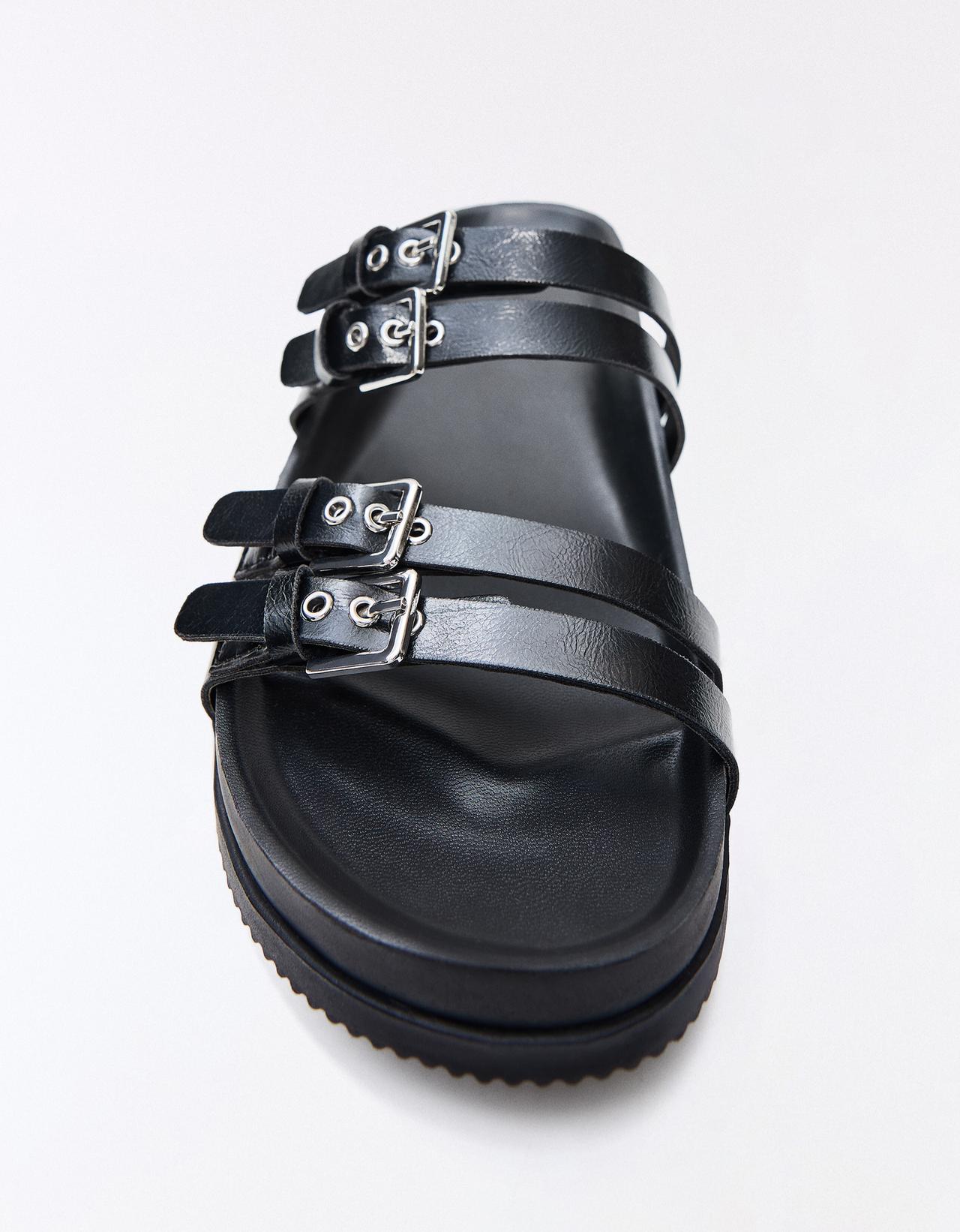 Double buckle flat slider sandals — BLACK