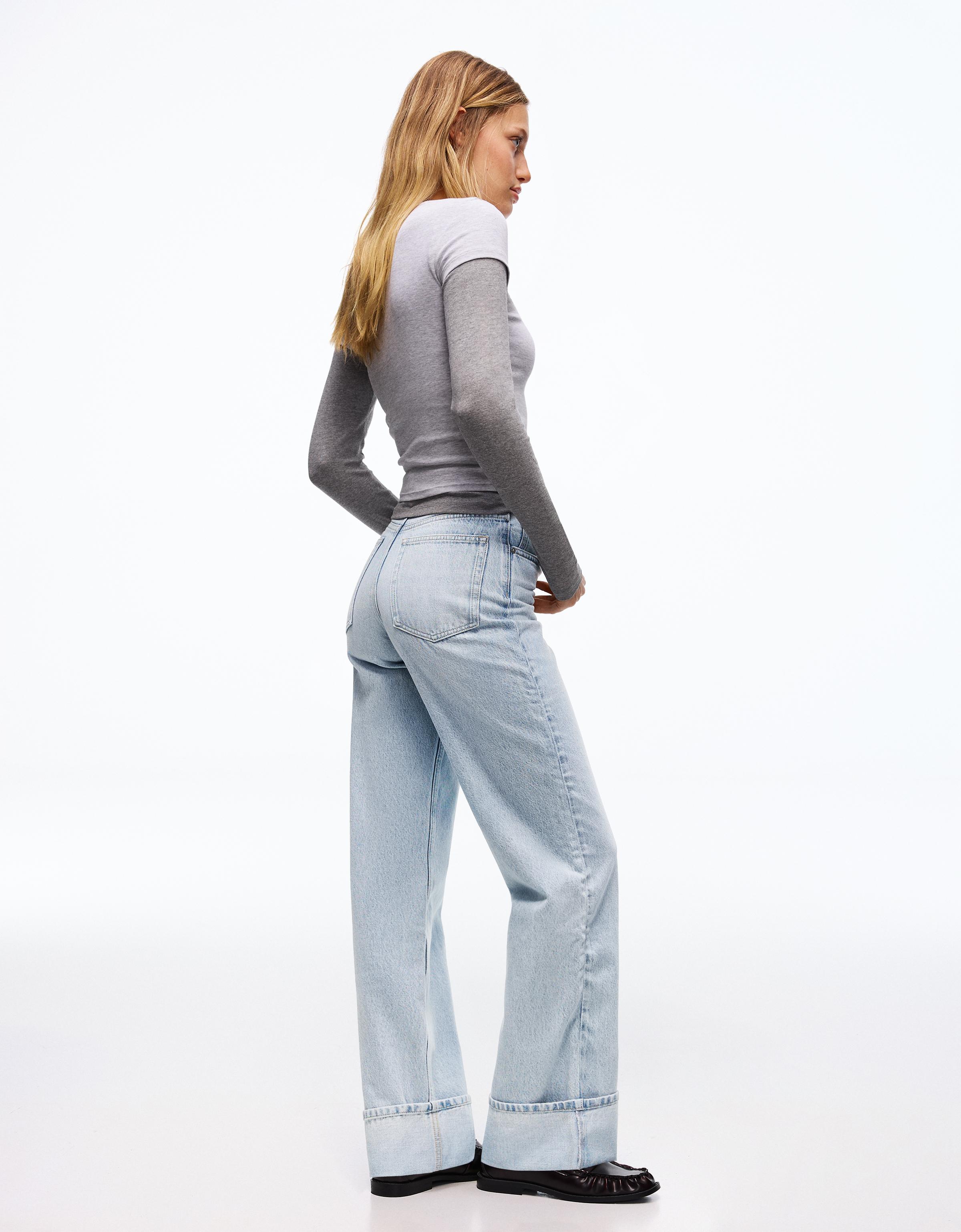 Yüksek bel straight fit geniş paça kıvrık paçalı jean - Görsel 17