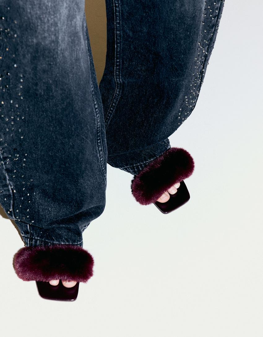 faux fur high-heel sandals-Maroon-2