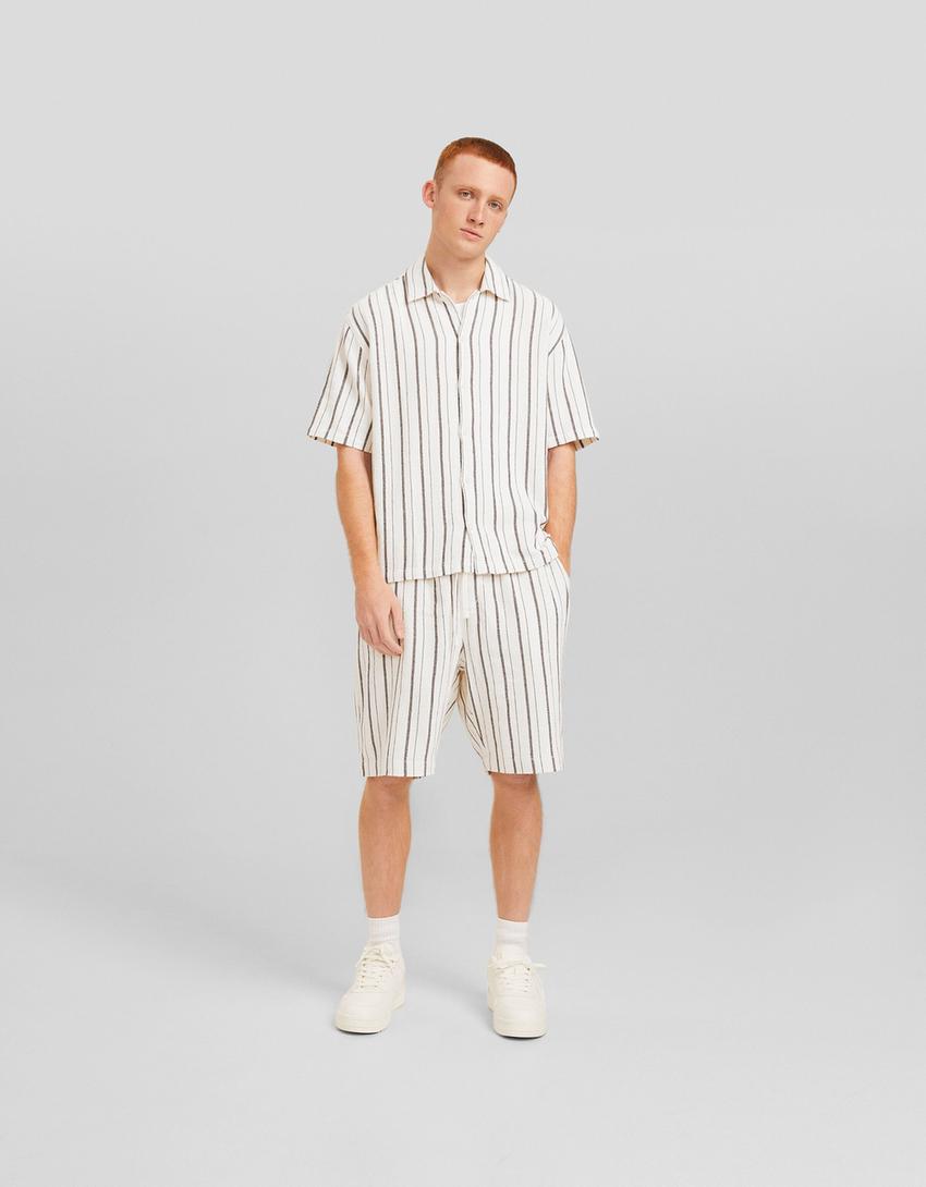 Ensemble chemise et bermuda rustique rayures-Écru-0