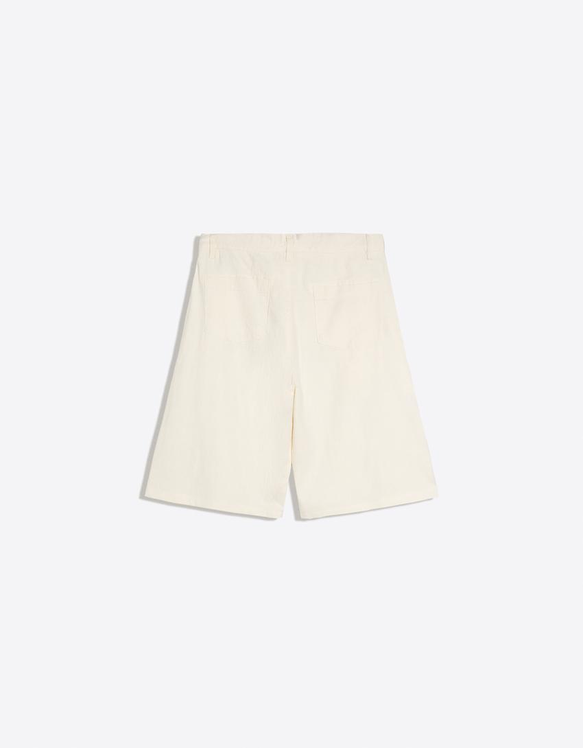 Super baggy linen Bermuda shorts-Off white