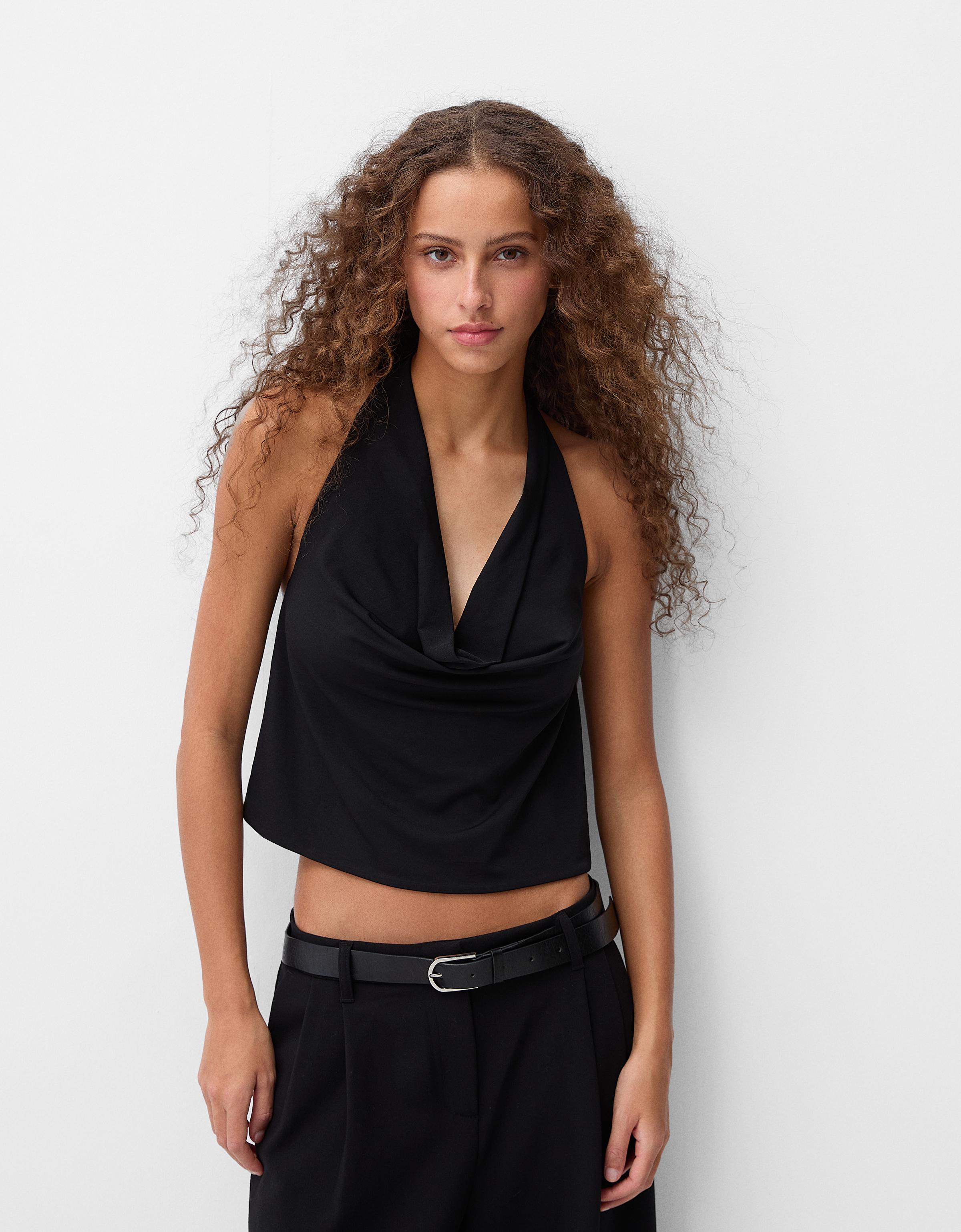 Bershka Fließendes Neckholder-Top Damen L Schwarz