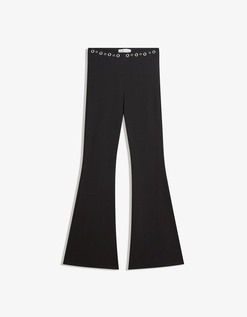 Flare trousers with eyelets at the waist-Black-3
