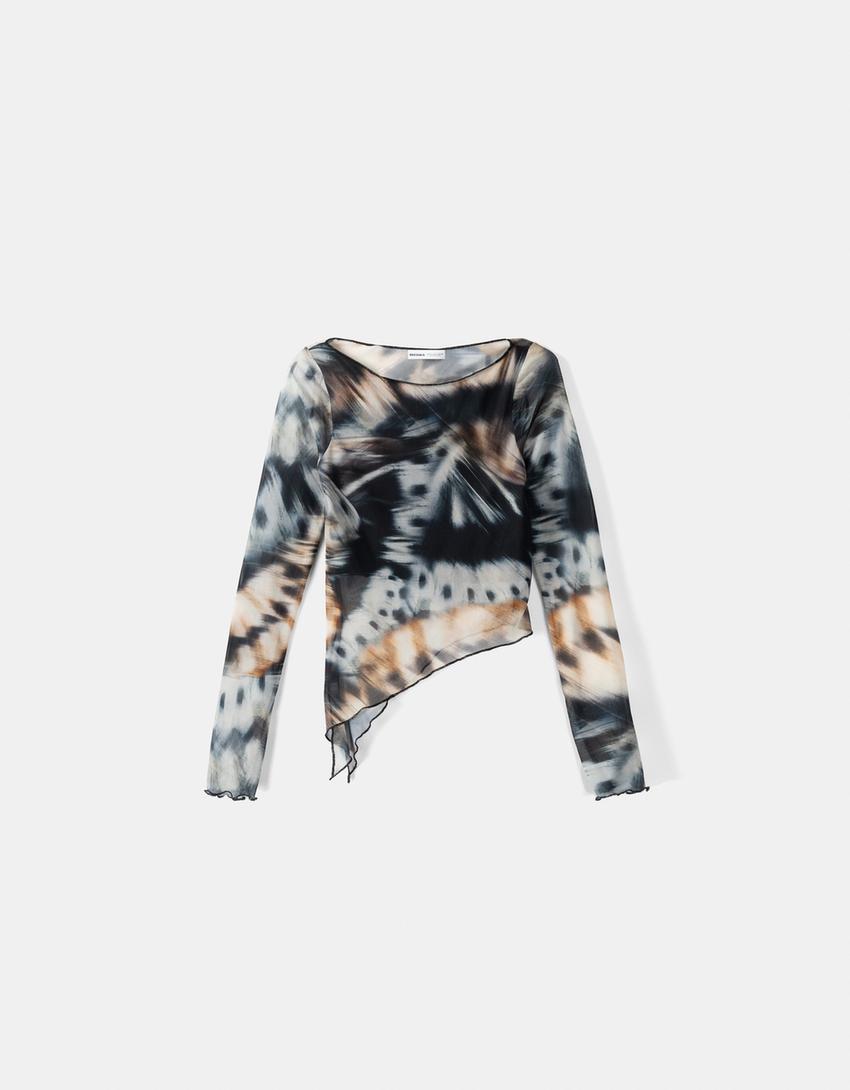 Long sleeve tulle print T-shirt-Black-4