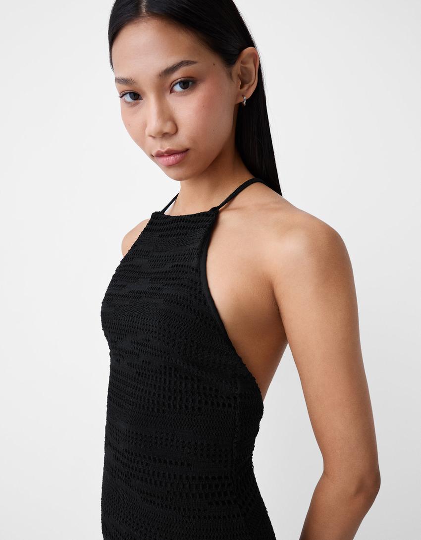 Vestido halter mini rústico-Preto-5