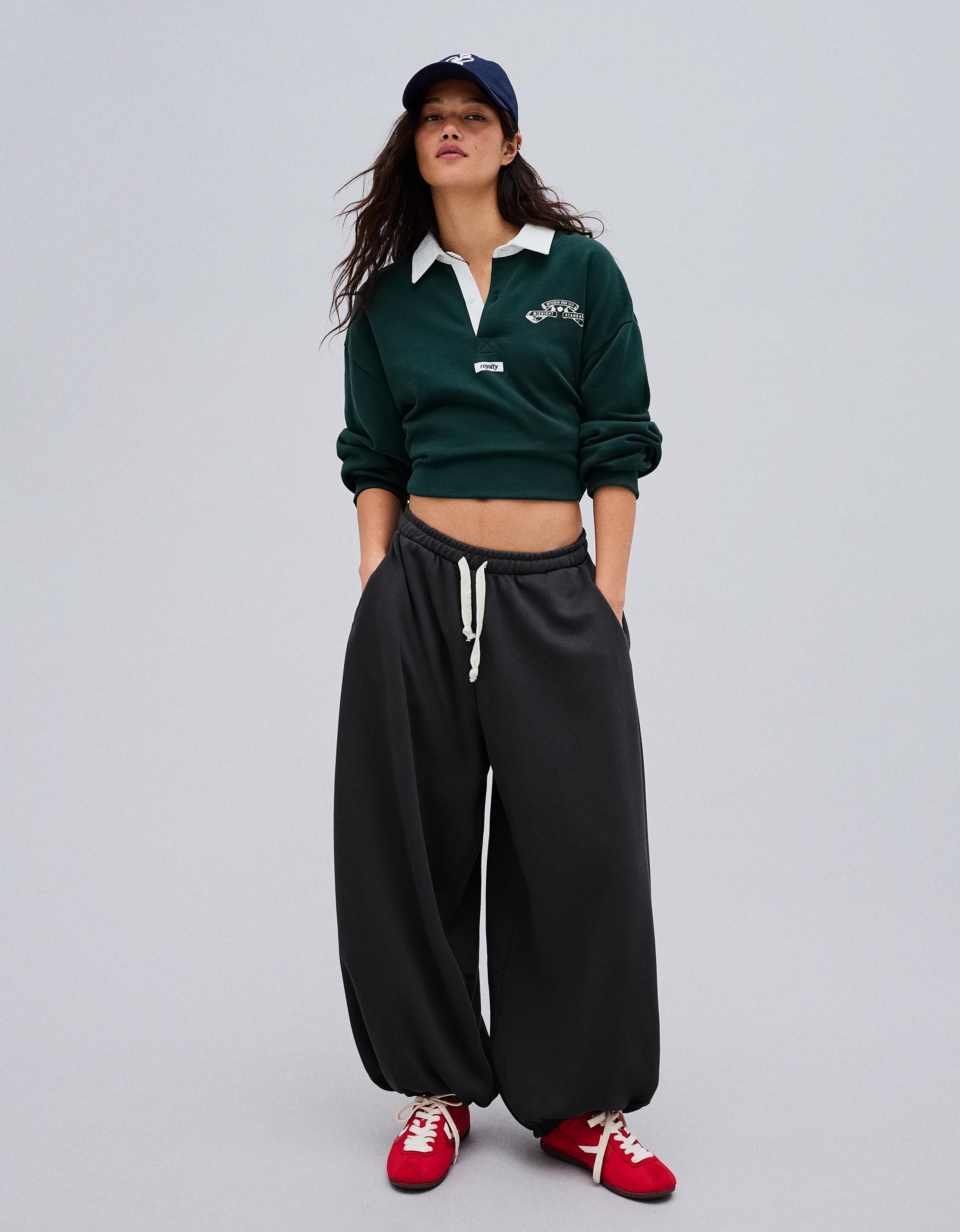 Bershka Pantalón Balloon Felpa Mujer Gris