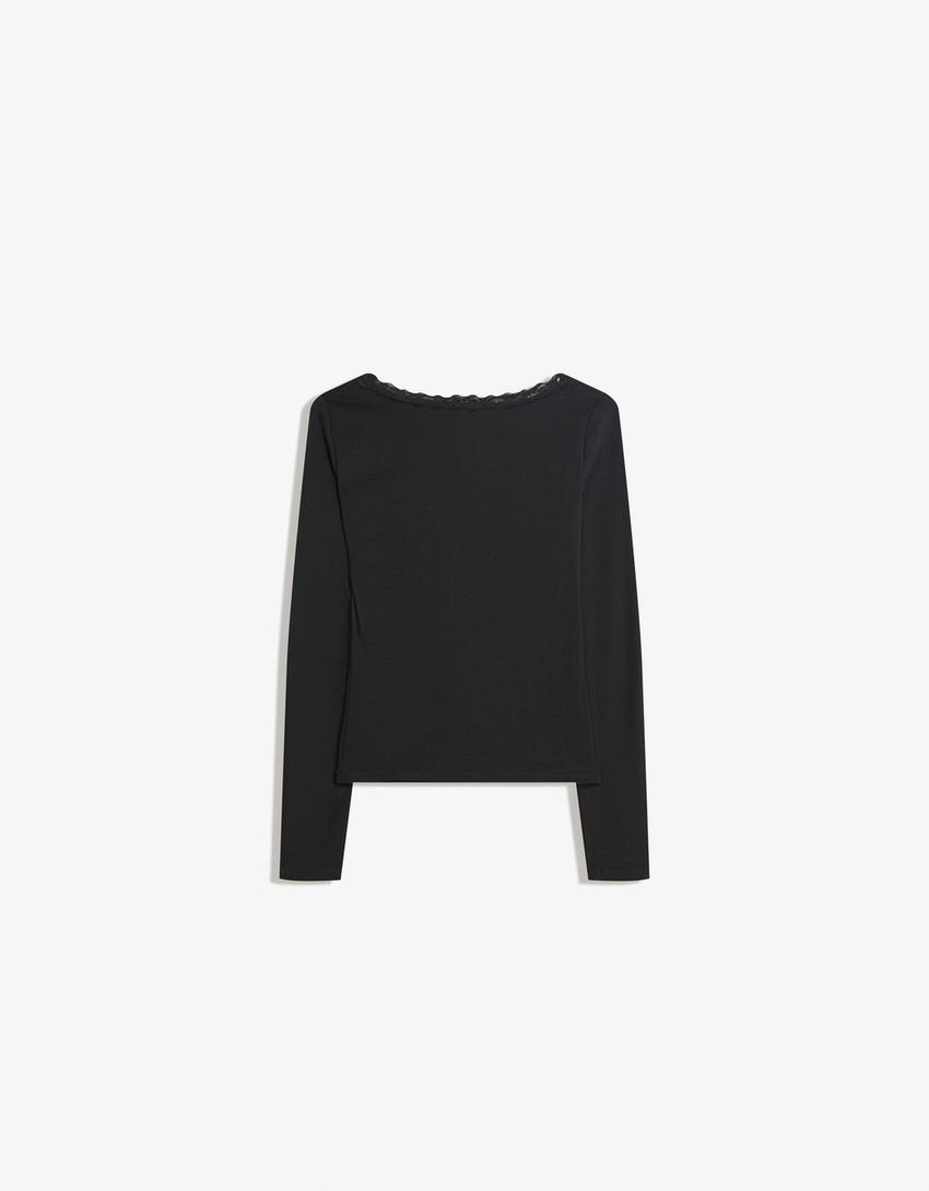 Long sleeve lace T-shirt-Black