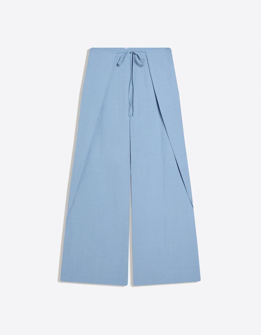 Wide-leg rustic pleated trousers-Light blue