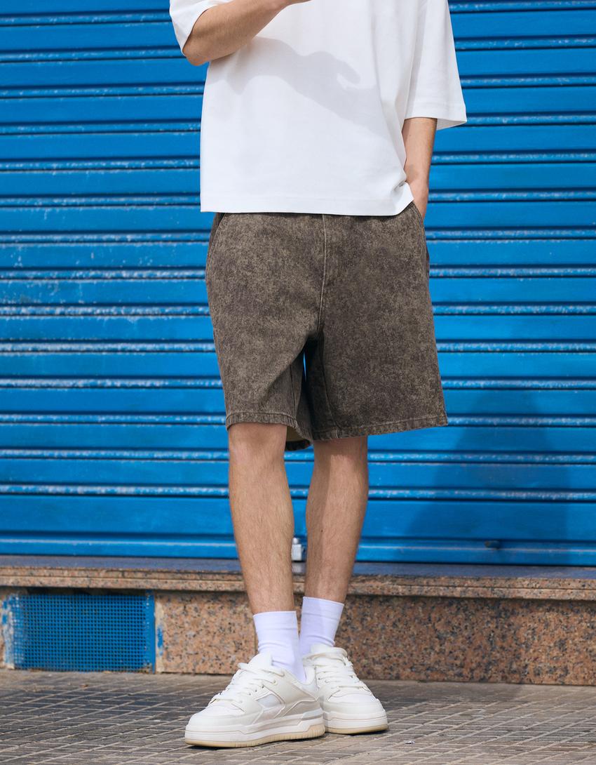 Baggy fit baskılı bermuda-Koyu gri