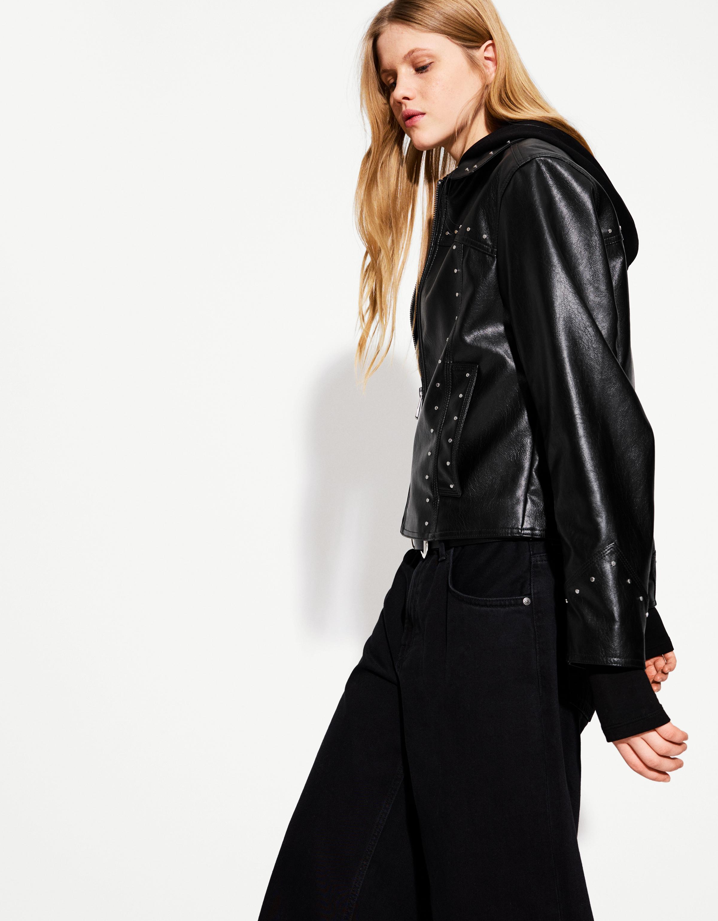 Bershka Bikerjacke Aus Kunstleder Mit Nieten Damen L Schwarz