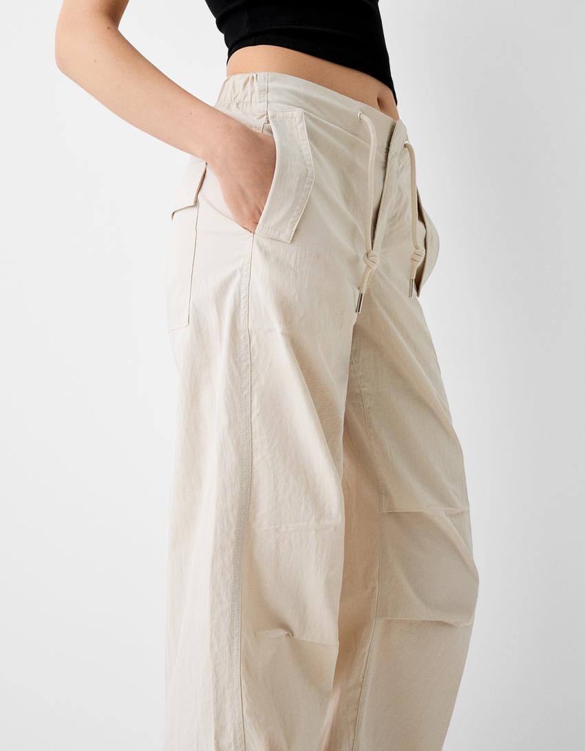 Nylon blend parachute trousers-Off white-3