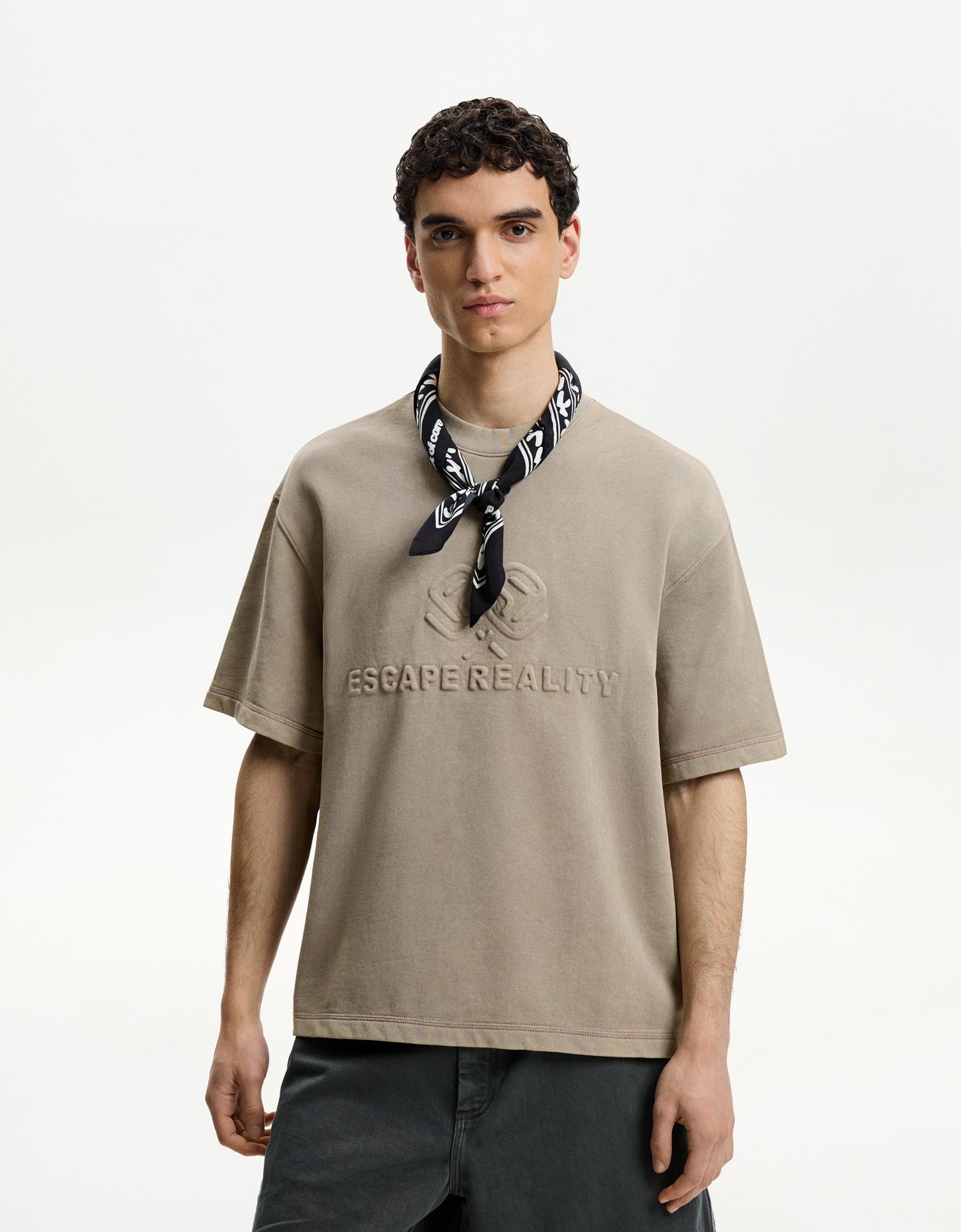 Bershka Camiseta Manga Corta Felpa Bordado Hombre Xl Camel