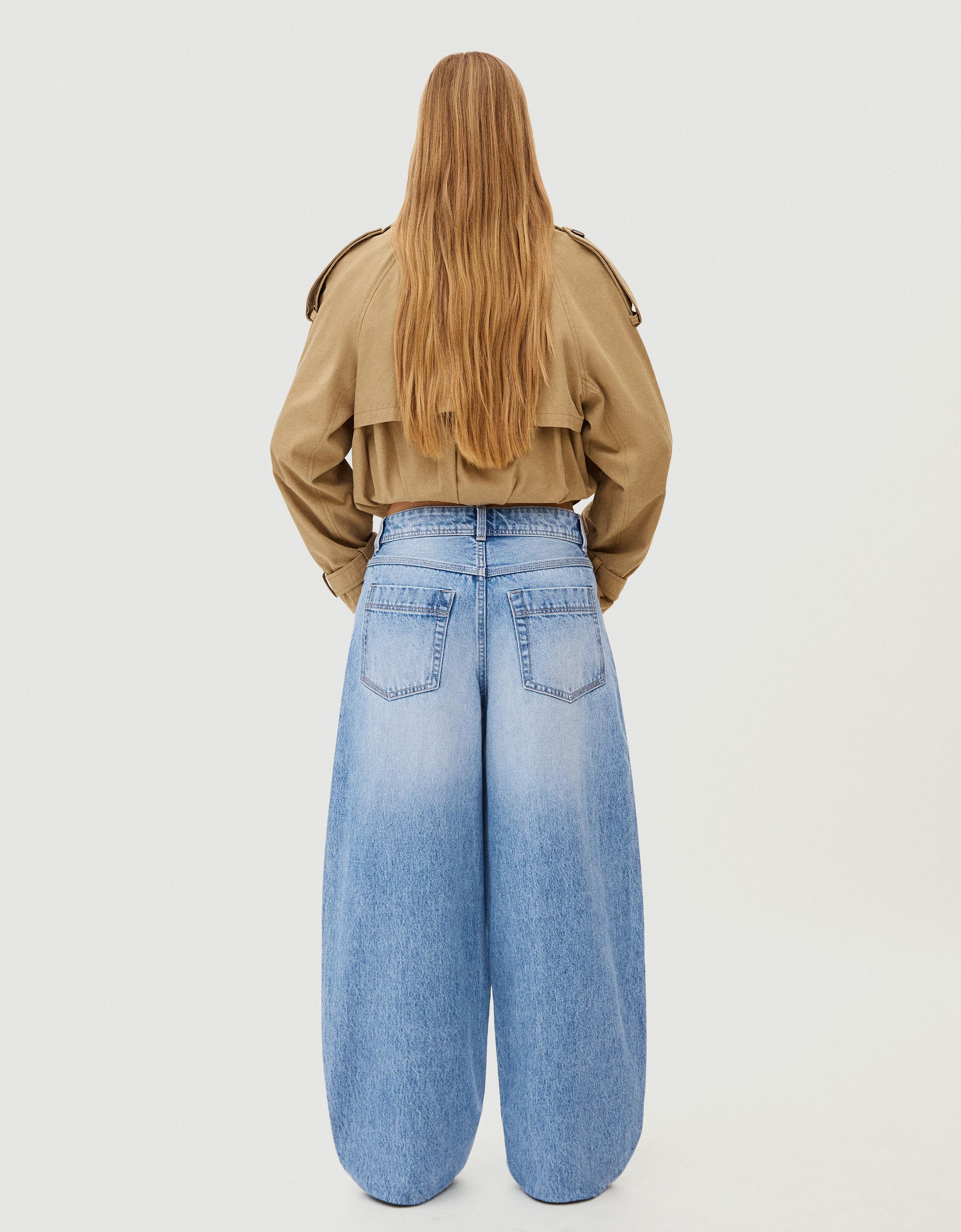 Düşük bel, önü düğmeli, geniş paça barrel jean - Görsel 21