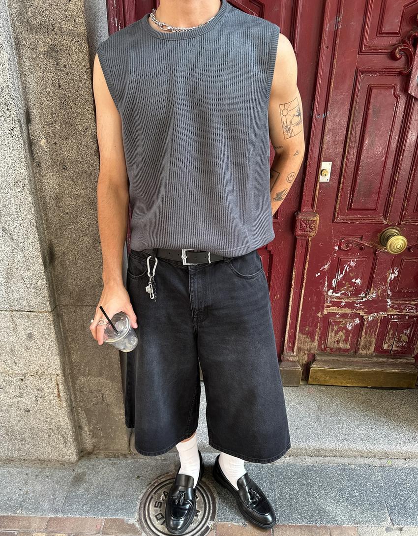 Baggy denim Bermuda shorts-Black-1
