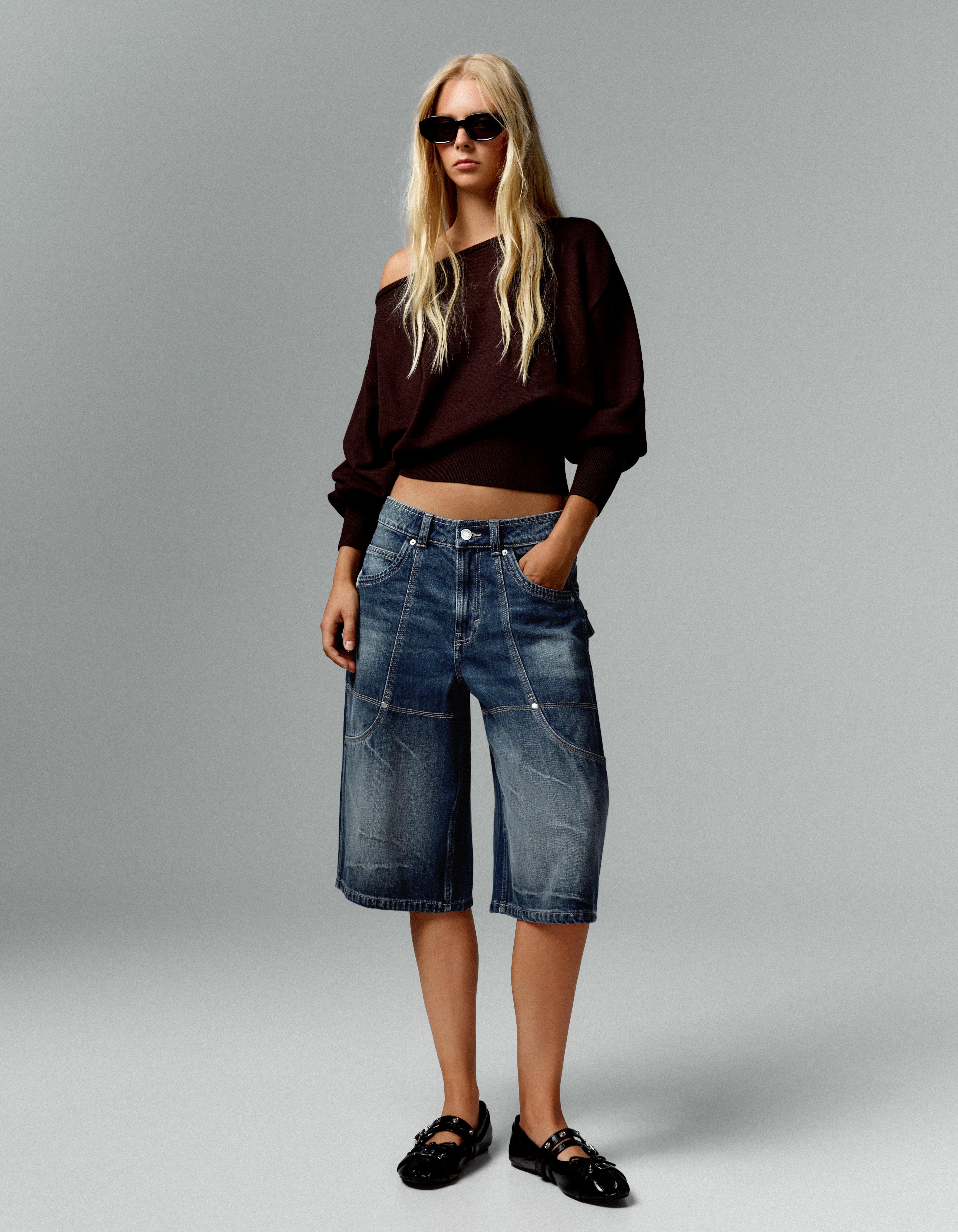 Long denim Bermuda shorts with pocket detail — Dark blue