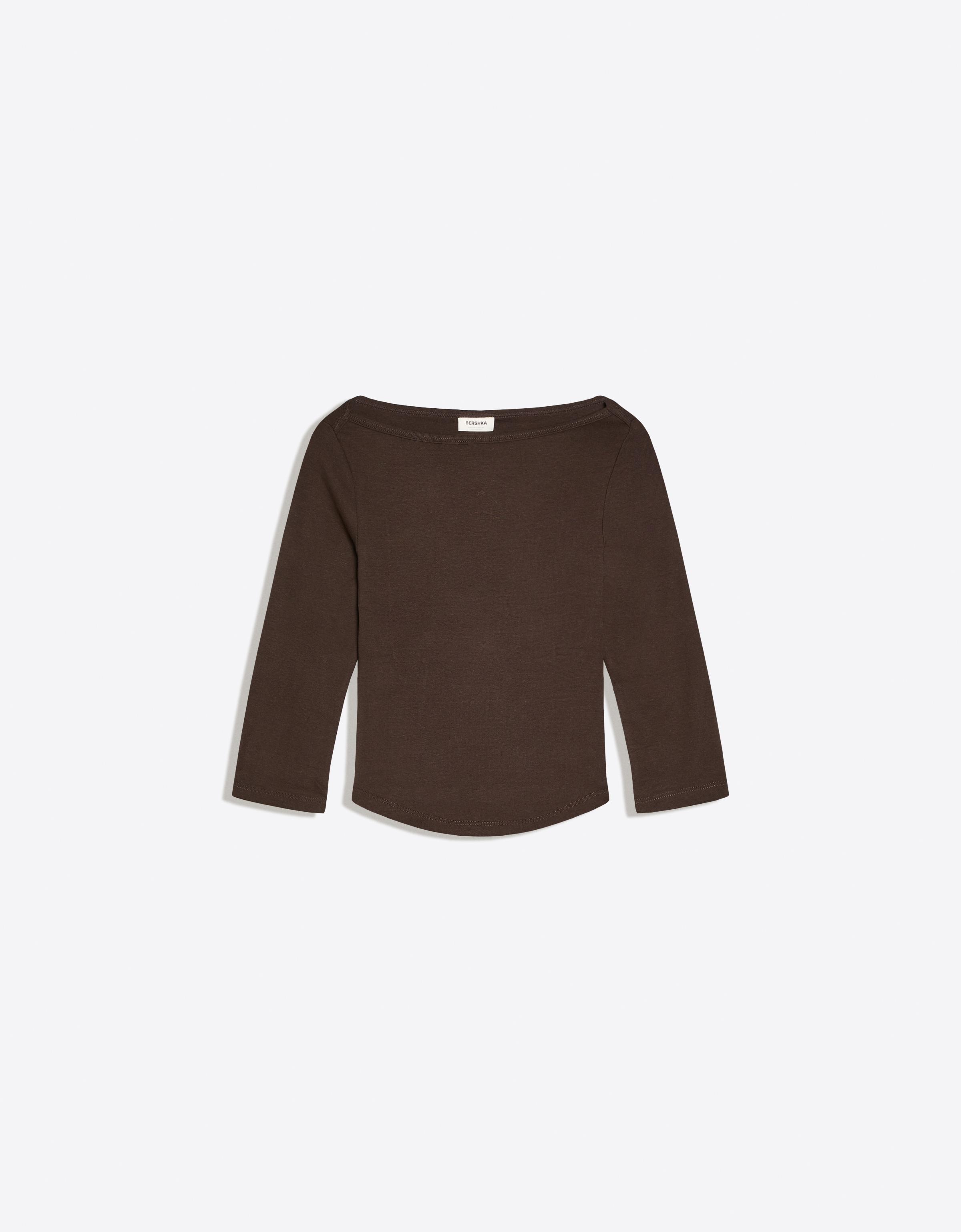Boat neck long-sleeve T-shirt — Brown