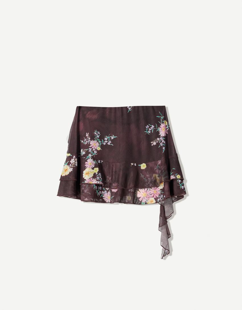 Printed ruffled tulle mini skirt-Violet
