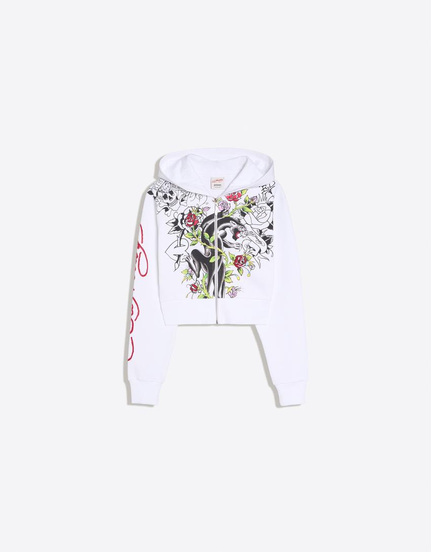ED HARDY X BERSHKA print hoodie-Off white
