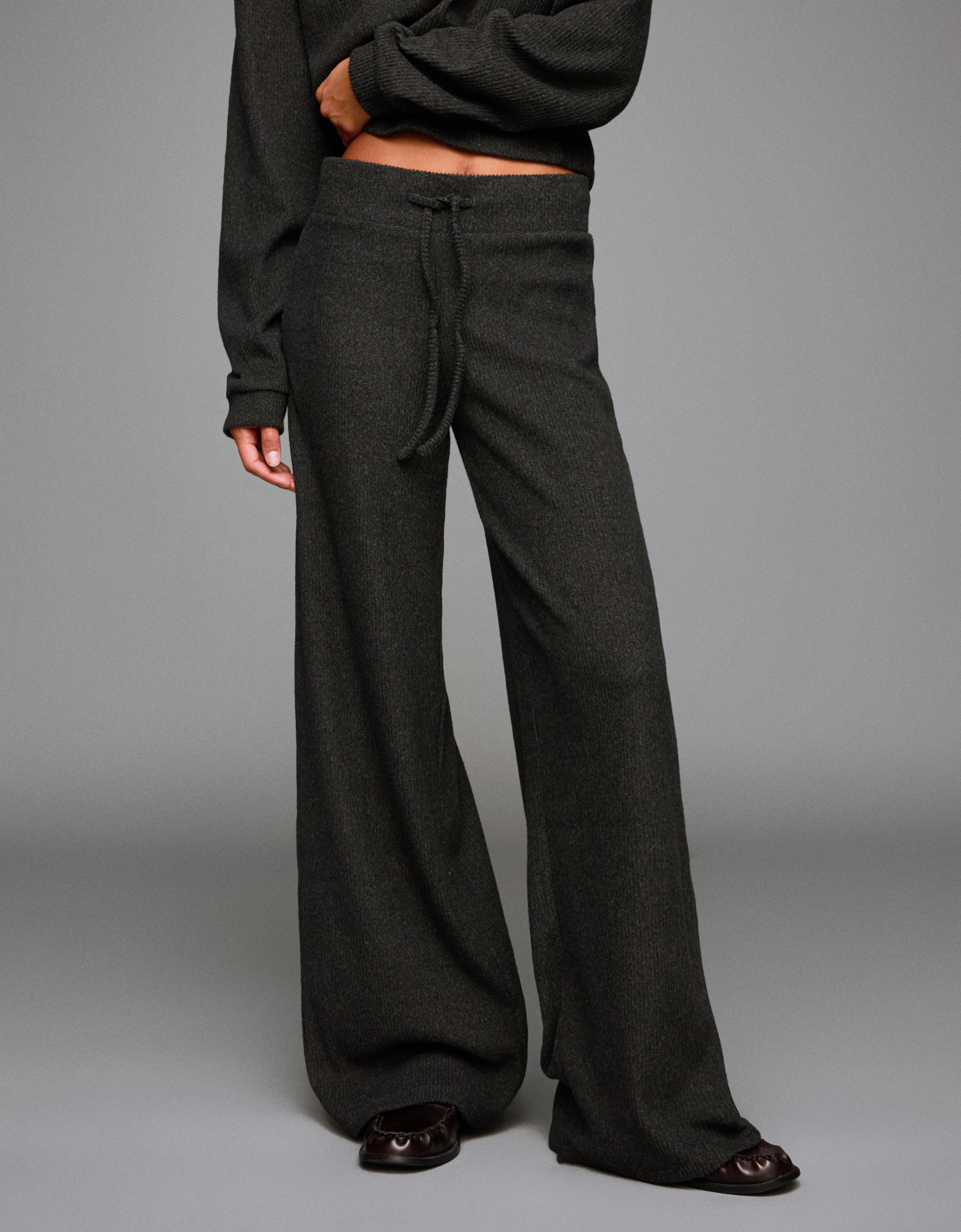 Bershka Hose Mit Weitem Bein, Rippstrick, Soft Damen L Dunkelgrau